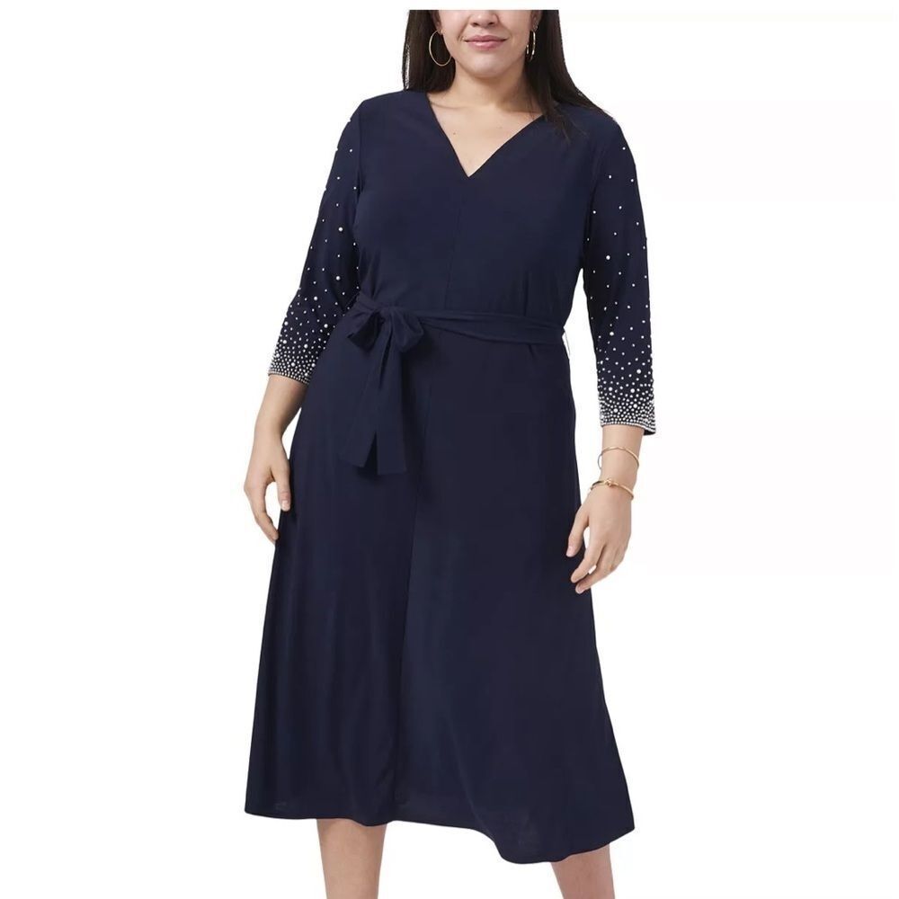 Woman PLUS MSK Navy Beaded Fit & Flare Stretch V-neck Dress midi dress 1X MSK